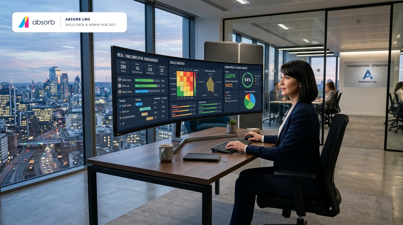Absorb LMS 2026 and 2027 architectural roadmap featuring Admin Hub, real-time data transfers, and skills onboarding