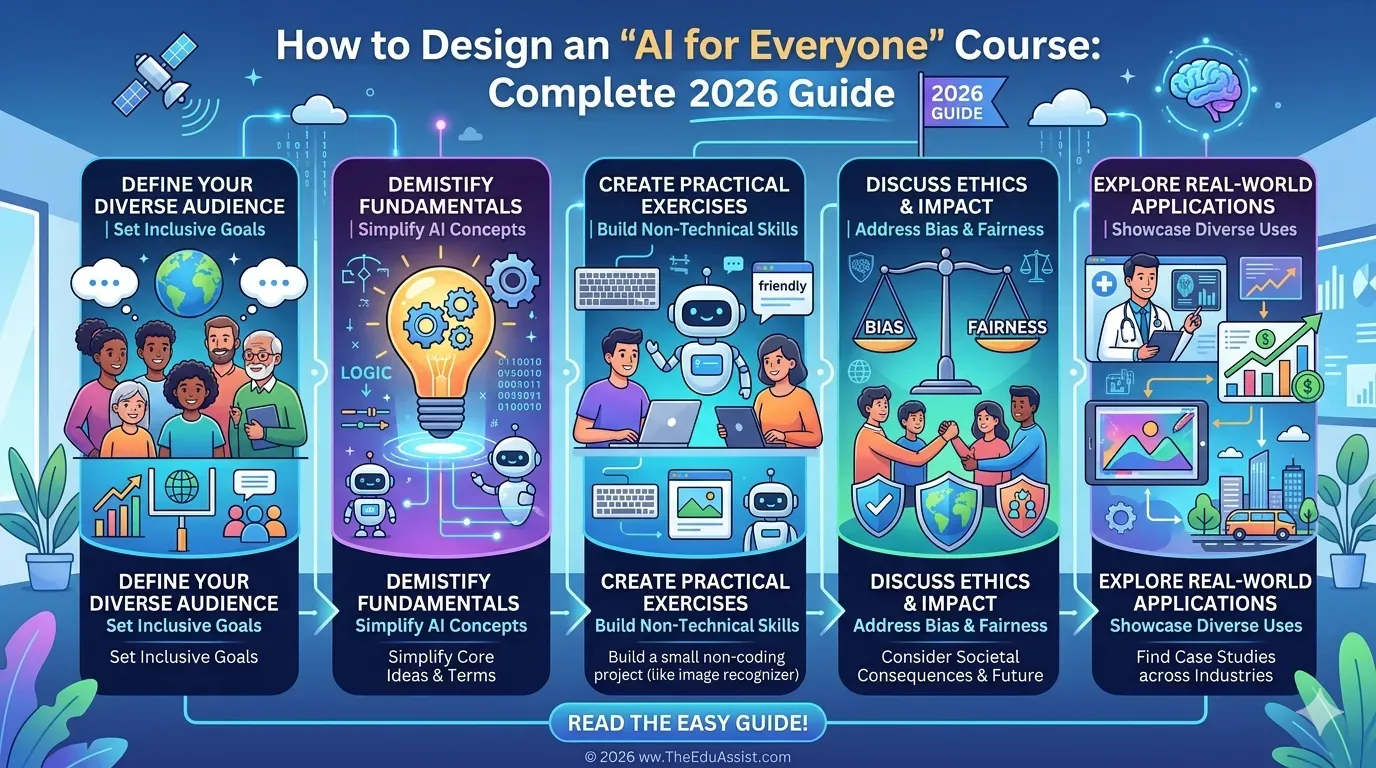 AI for Everyone course design guide showing five steps for creating beginner-friendly AI learning