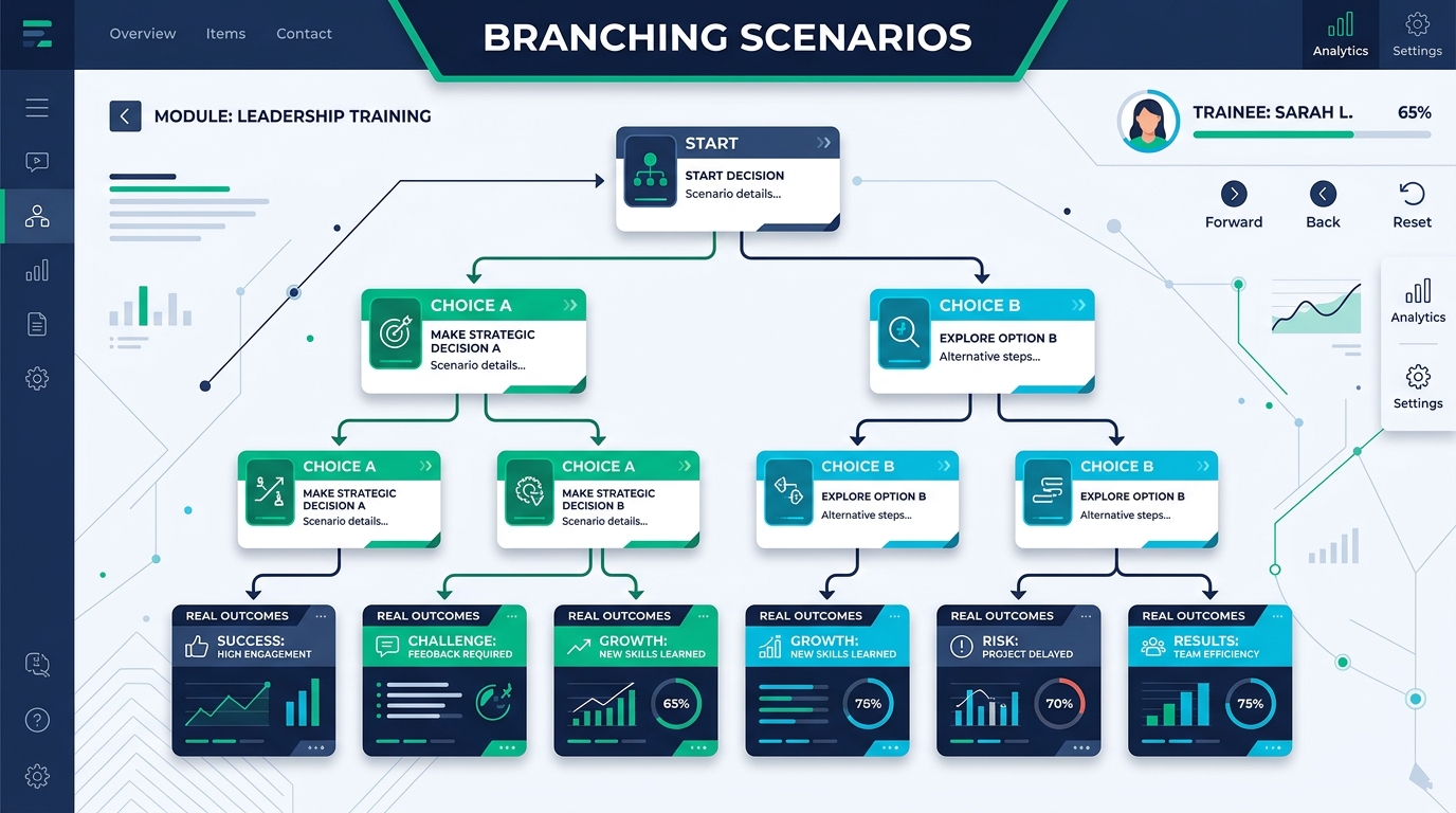 Interactive branching scenario simulation dashboard on a corporate learning platform