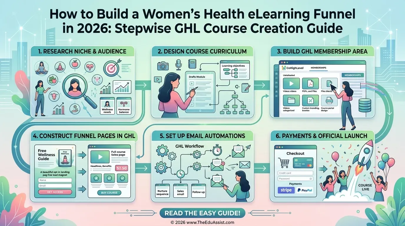 Women’s health eLearning funnel roadmap using GHL in 2026.