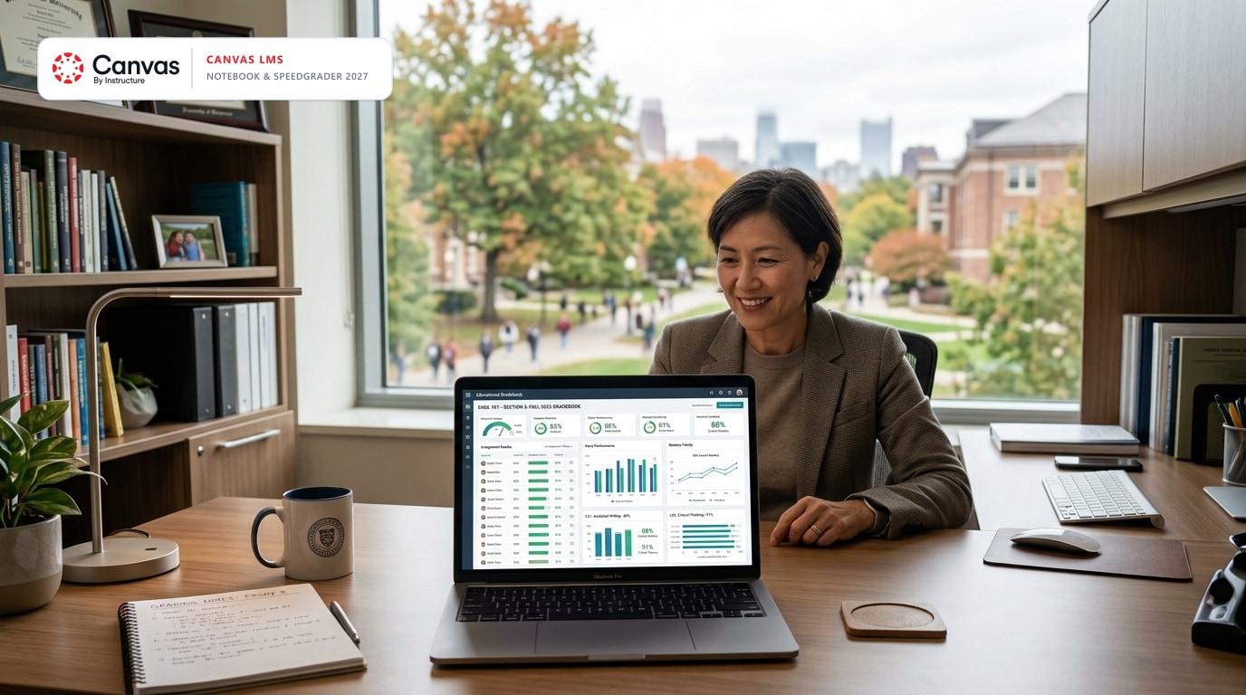 Canvas LMS 2026 and 2027 platform evaluation showing SpeedGrader workflows, Notebook study tools, and admin MFA security