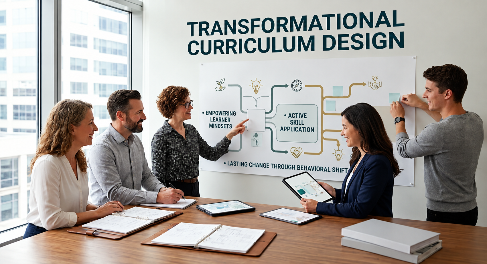 Transformational curriculum design workshop showing educators developing learner-centered, action-based learning strategies