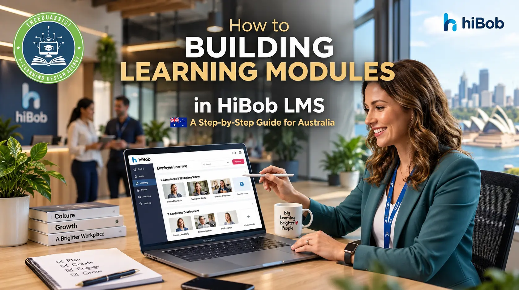 HiBob LMS learning modules guide for Australian organizations with course-building dashboard