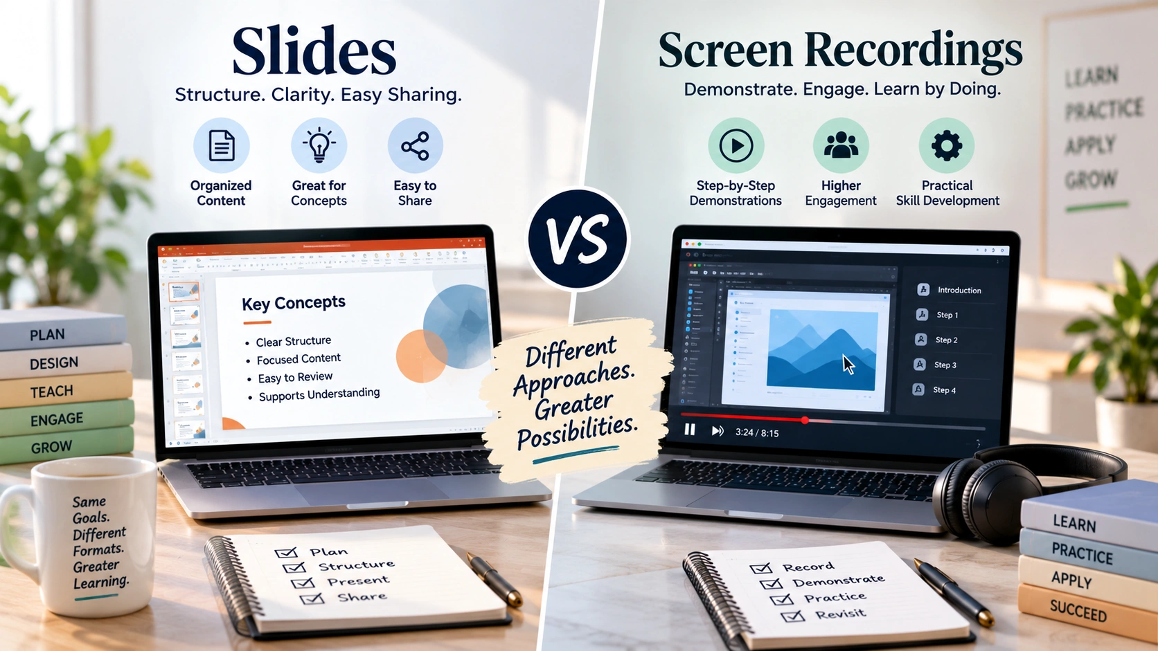 Professional split-screen educational graphic comparing slides and screen recordings for effective learning, highlighting structure, clarity, demonstrations, engagement, and practical skill development.