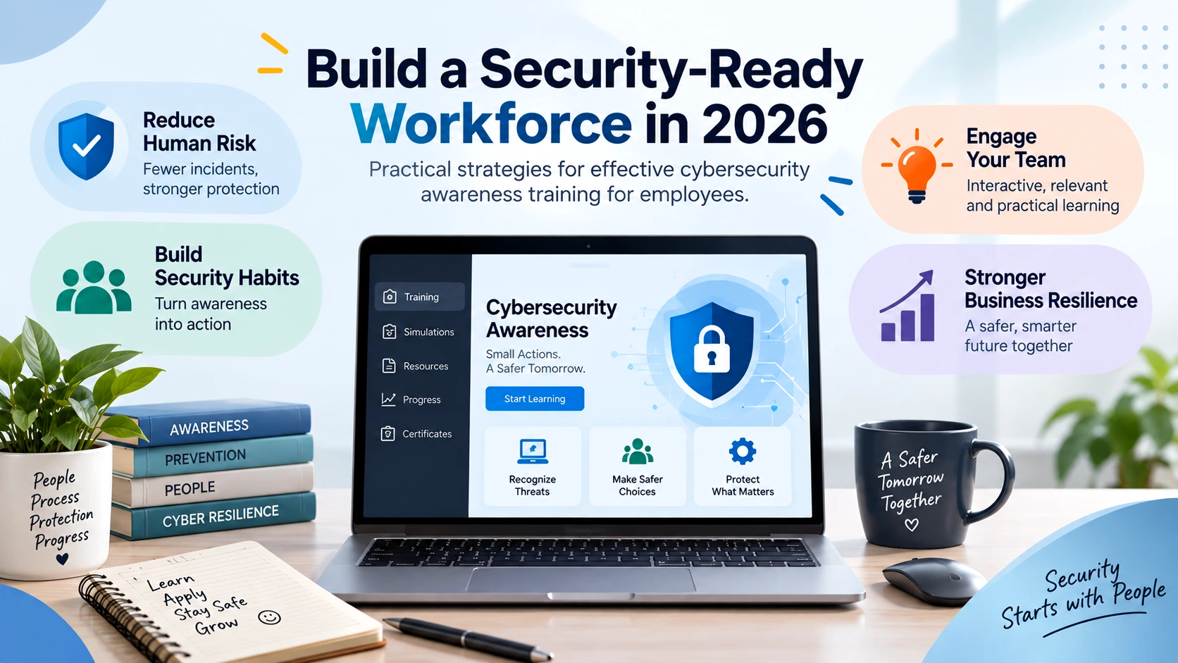 Cybersecurity awareness training for employees in 2026 with an infographic showing security habits, human risk reduction, employee engagement, and business resilience.