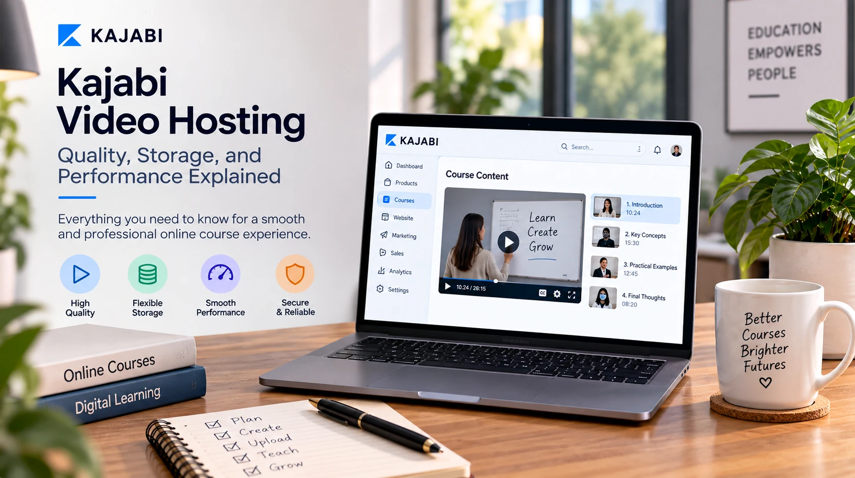 Kajabi video hosting featured image showing online course video quality, storage, performance, and course content on a laptop