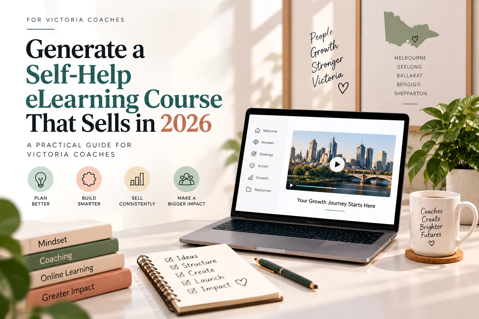 Professional self-help eLearning course featured image for Victoria coaches, showing an online learning course on a laptop with coaching, mindset, strategy, and growth concepts.