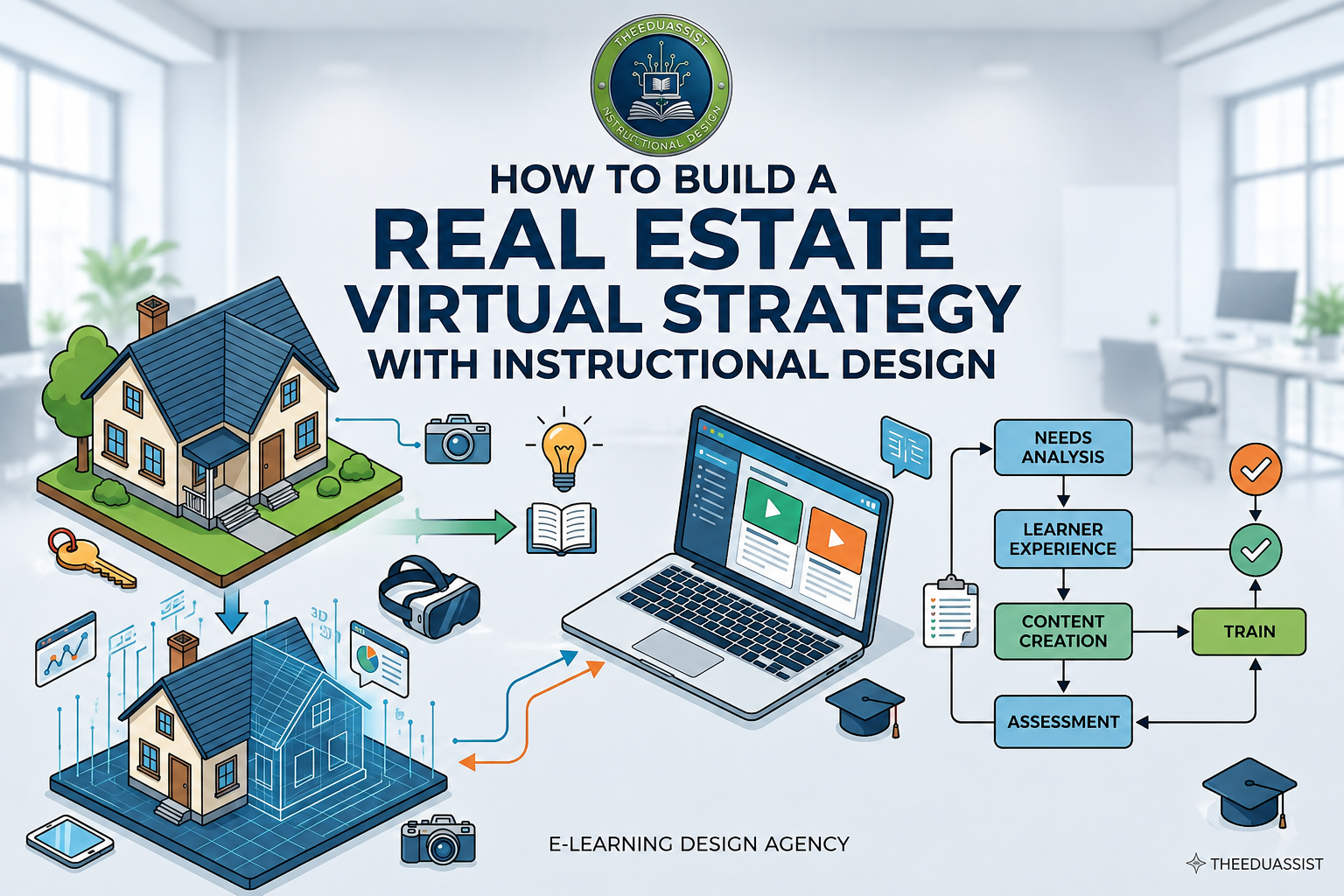 Real estate virtual strategy with instructional design, showing VR property tours, e-learning, and a digital training workflow