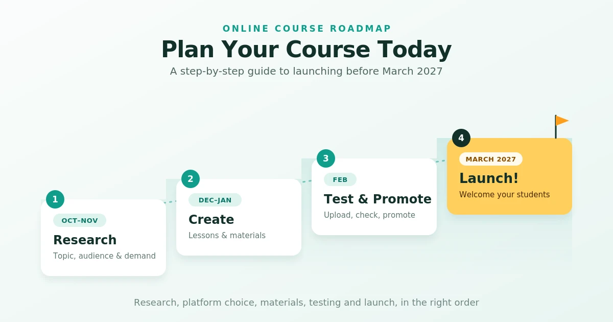 Four-step staircase roadmap for launching an online course by March 2027: research in October–November, create in December–January, test and promote in February, and launch in March.