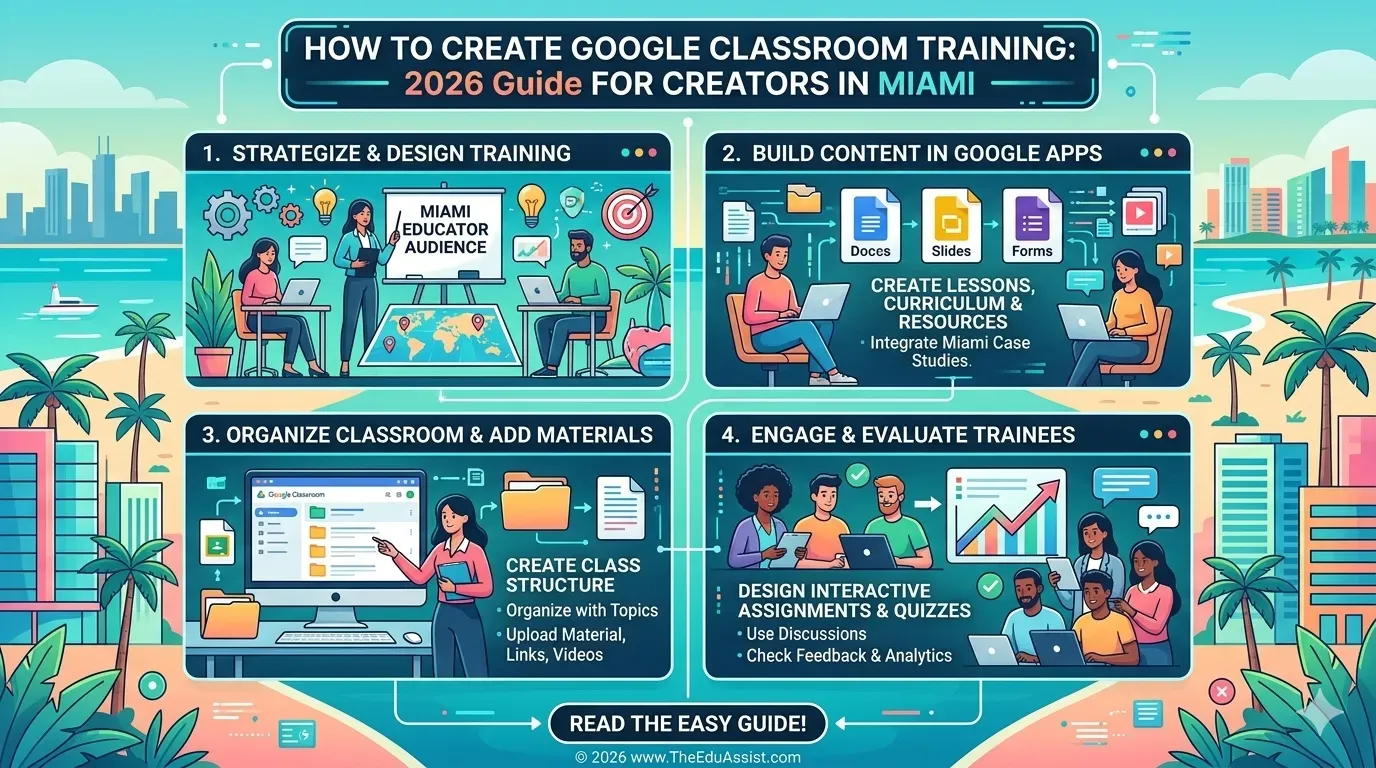 Google Classroom training guide Miami 2026: 4-step system to structure, build, organize, and engage learners.