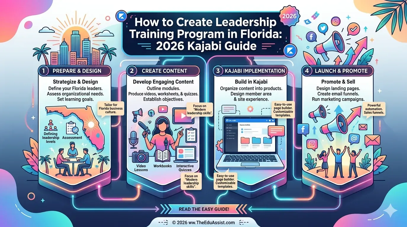 An infographic detailing a 4-step framework for building a leadership training program on Kajabi, featuring preparation, content creation, platform implementation, and marketing.