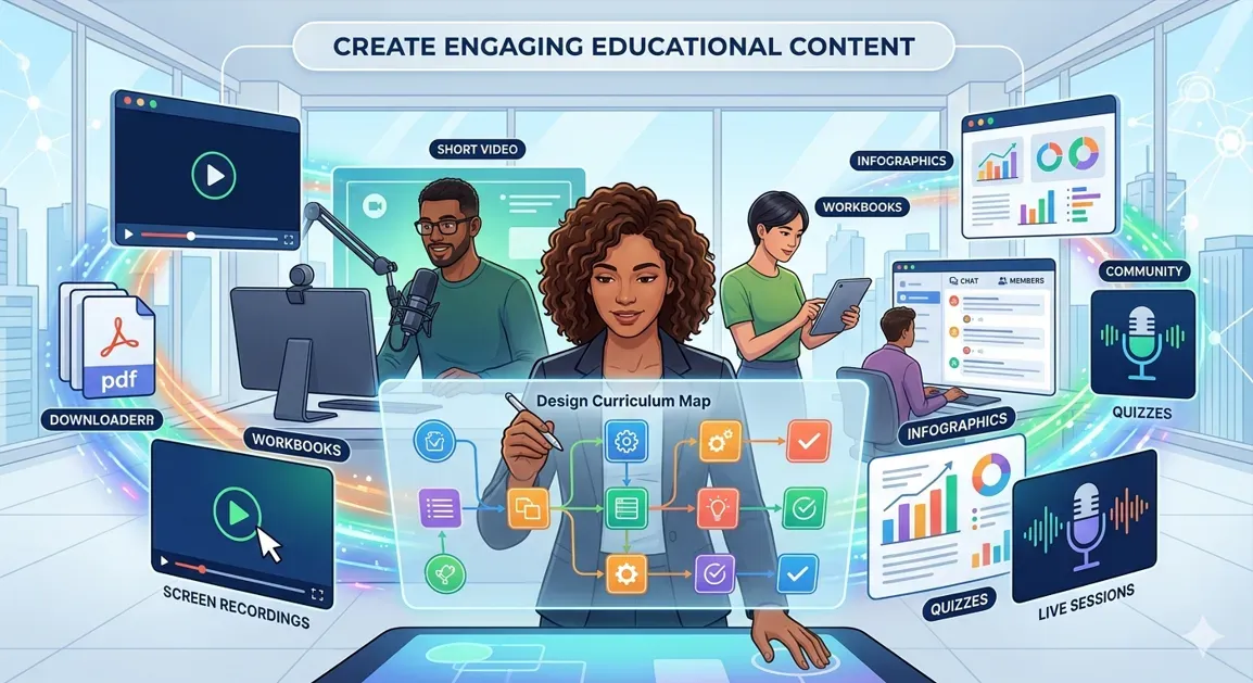 Creator designing engaging educational content with a curriculum map, short videos, workbooks, infographics, quizzes, screen recordings, community learning, and live sessions.