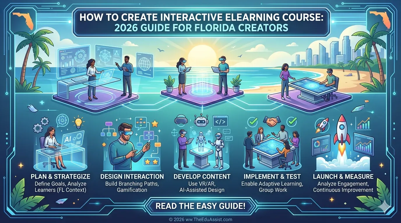 Interactive eLearning course development guide for Florida creators showing instructional design, VR, AR, AI-assisted learning, testing, and learner engagement