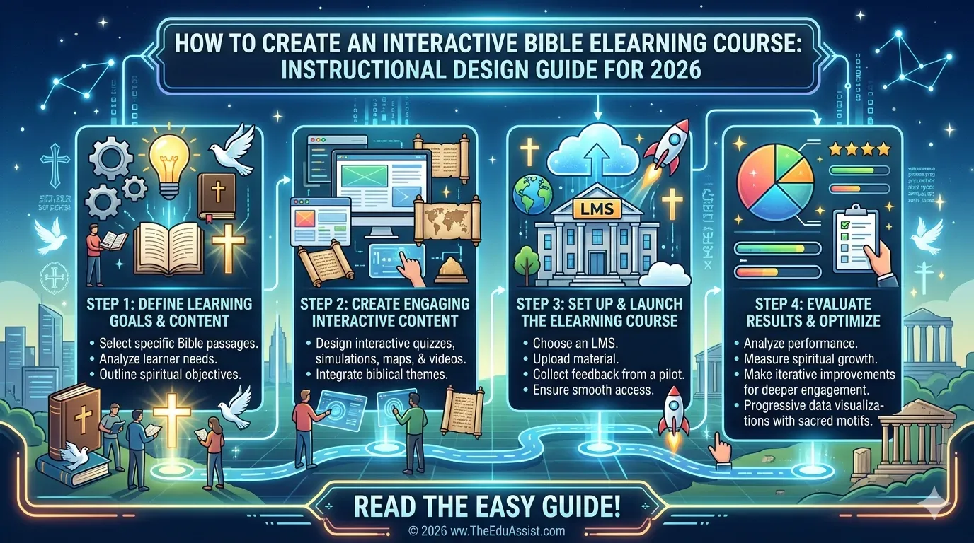 Step-by-step instructional design guide to create an interactive Bible eLearning course with quizzes, LMS setup, and spiritual growth evaluation for 2026.