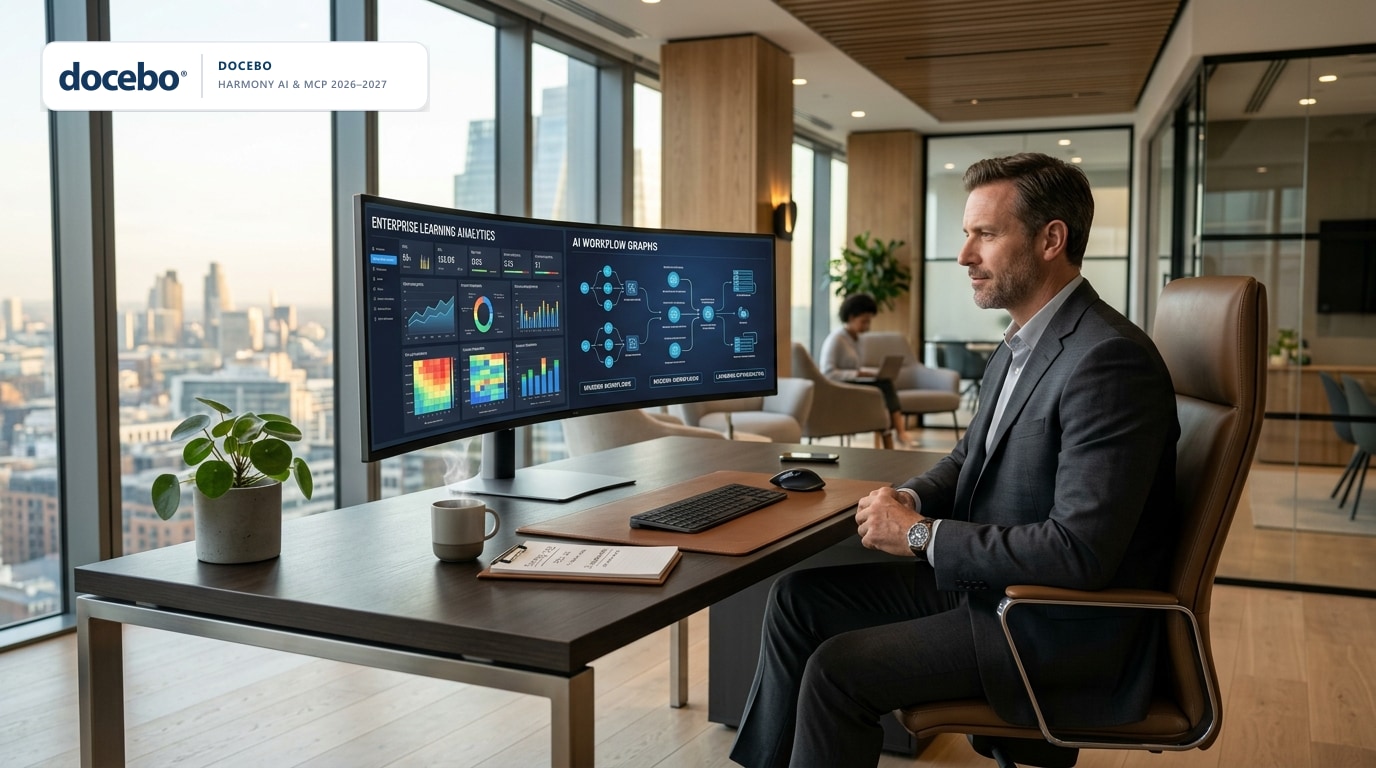 Docebo 2026 and 2027 platform roadmap showing Harmony Tutor AI, MCP assistant workflows, and enterprise learning analytics