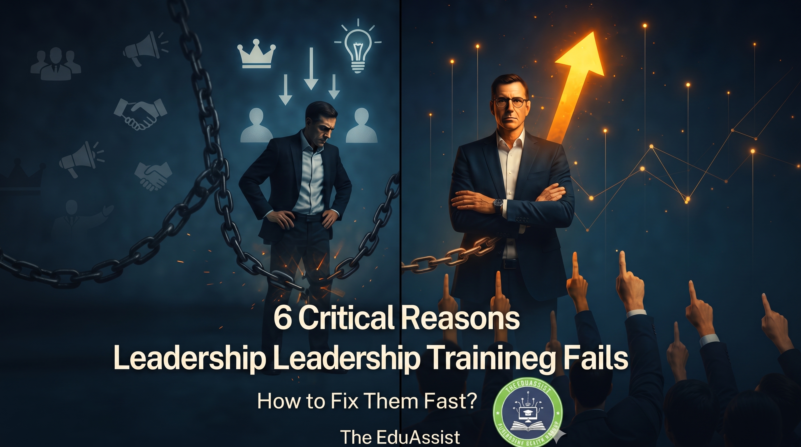 Split-screen illustration showing the challenges and success of leadership training, with a struggling leader breaking chains on the left and a confident leader rising with an upward arrow on the right.