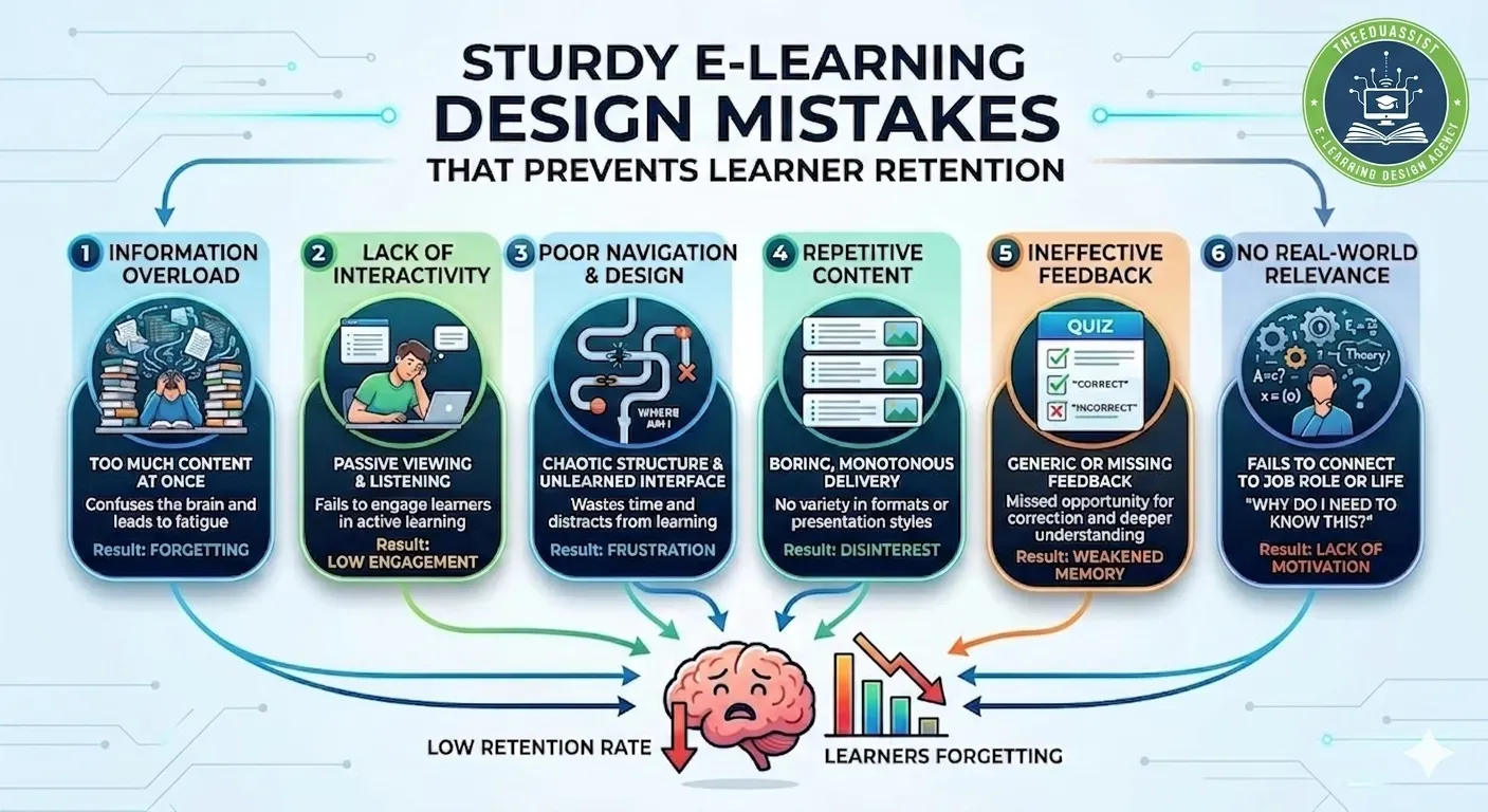 6 e-learning design mistakes that prevent learner retention, including information overload, lack of interactivity, poor navigation, repetitive content, ineffective feedback, and no real-world relevance.