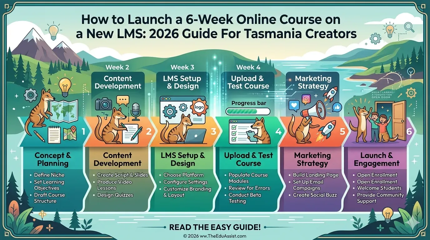 An infographic outlining the step-by-step roadmap for a 6-week online course launch on a learning management system.