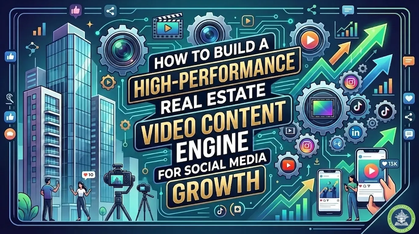 A guide to creating a real estate video strategy for social media growth, featuring a camera and checklist.