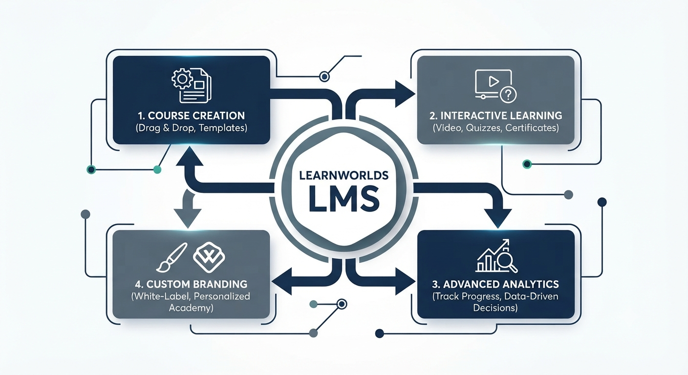 LearnWorlds LMS benefits including course creation, interactive learning, advanced analytics, and custom branding