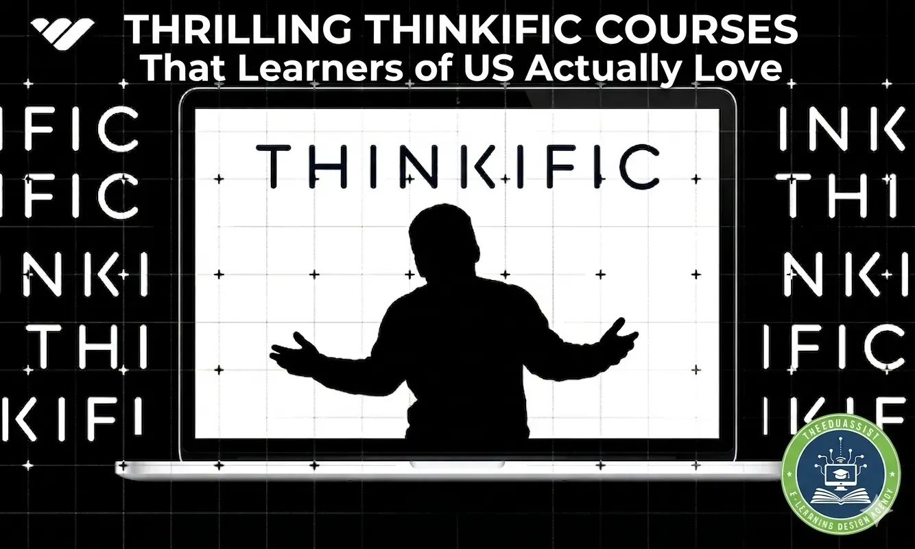 Laptop banner displaying the Thinkific logo and a presenter silhouette with the title "Thrilling Thinkific Courses That Learners of US Actually Love".