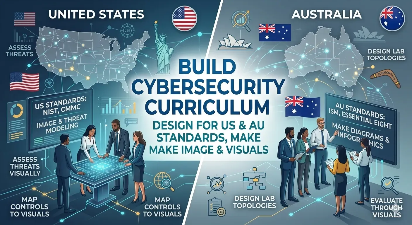 Cybersecurity curriculum design for U.S. and Australian standards, featuring NIST, CMMC, ISM, Essential Eight, threat modeling, visual assessments, and instructional design teams.
