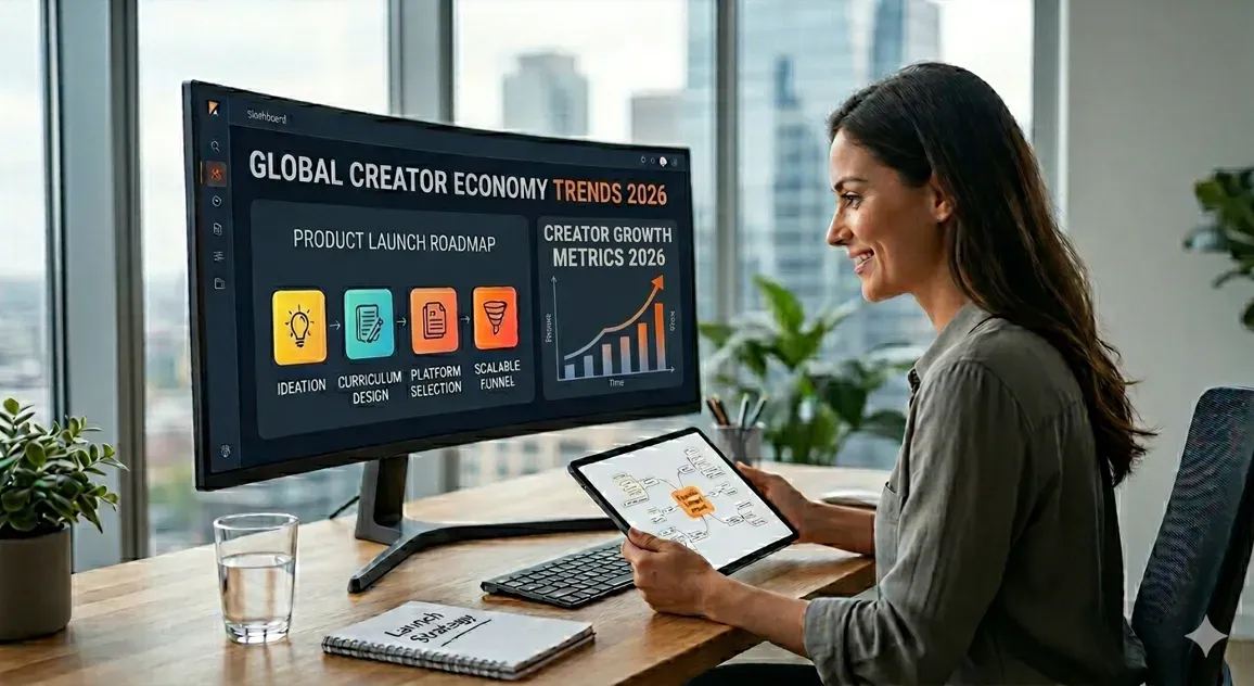 Woman planning digital product creation with a product launch roadmap and creator growth metrics on a computer screen