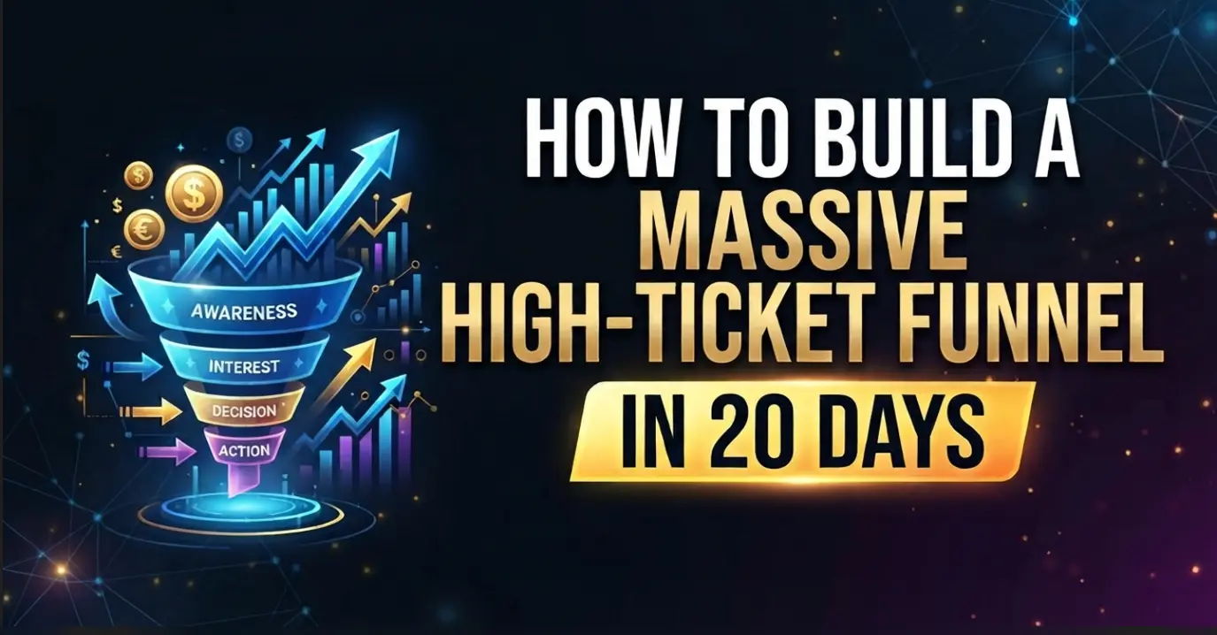 Step-by-step guide showing how to build a massive high-ticket sales funnel in 20 days to attract leads, nurture prospects, book sales calls, and convert premium clients
