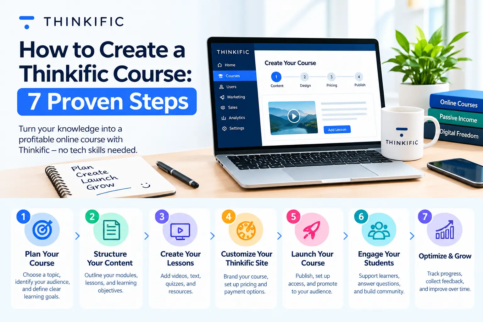 How to Create a Thinkific Course: 7 Proven Steps to plan, build, launch, and grow an engaging online course.