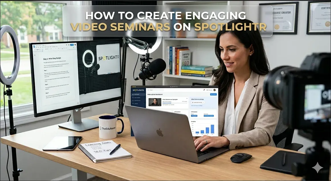 Woman creating engaging video seminars on Spotlightr using a laptop, microphone, lighting setup, and video course dashboard.