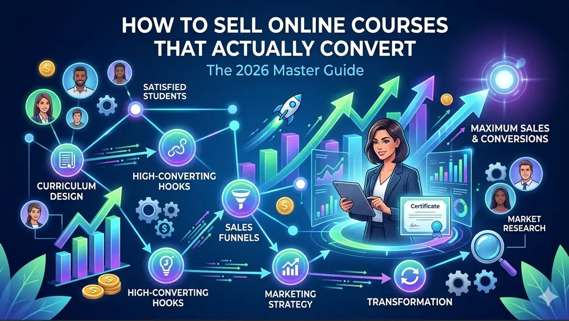 Infographic illustrating the 2026 master guide for selling online courses through market research, curriculum design, and sales funnels.