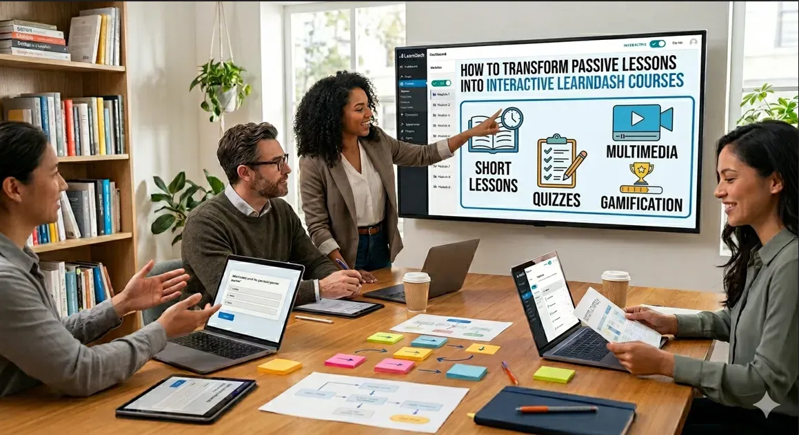 Interactive LearnDash course design with short lessons, quizzes, multimedia, and gamification