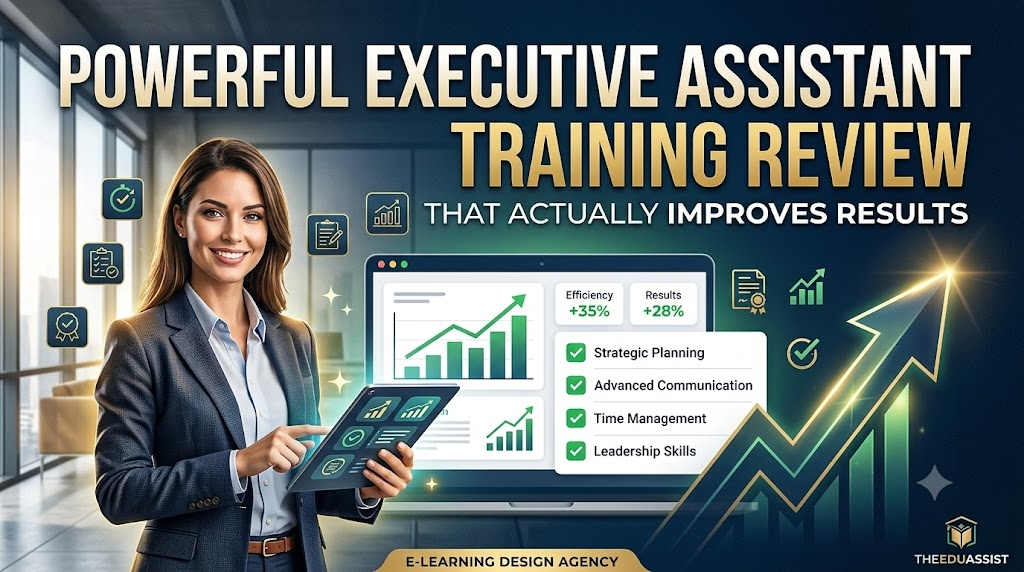 Powerful executive assistant training review showing an executive assistant, performance analytics, strategic planning, communication, time management, and leadership skills.