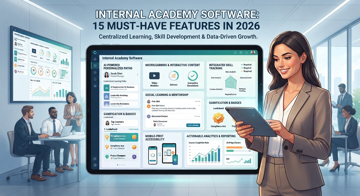 A businesswoman using a tablet displaying an internal academy software dashboard with key L&D features in a modern office.