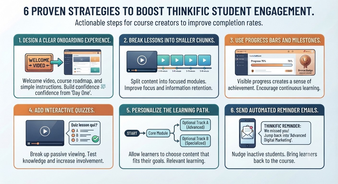Infographic outlining strategies 1 to 6 to boost Thinkific student engagement: onboarding, microlearning, progress tracking, quizzes, personalized paths, and reminder emails.