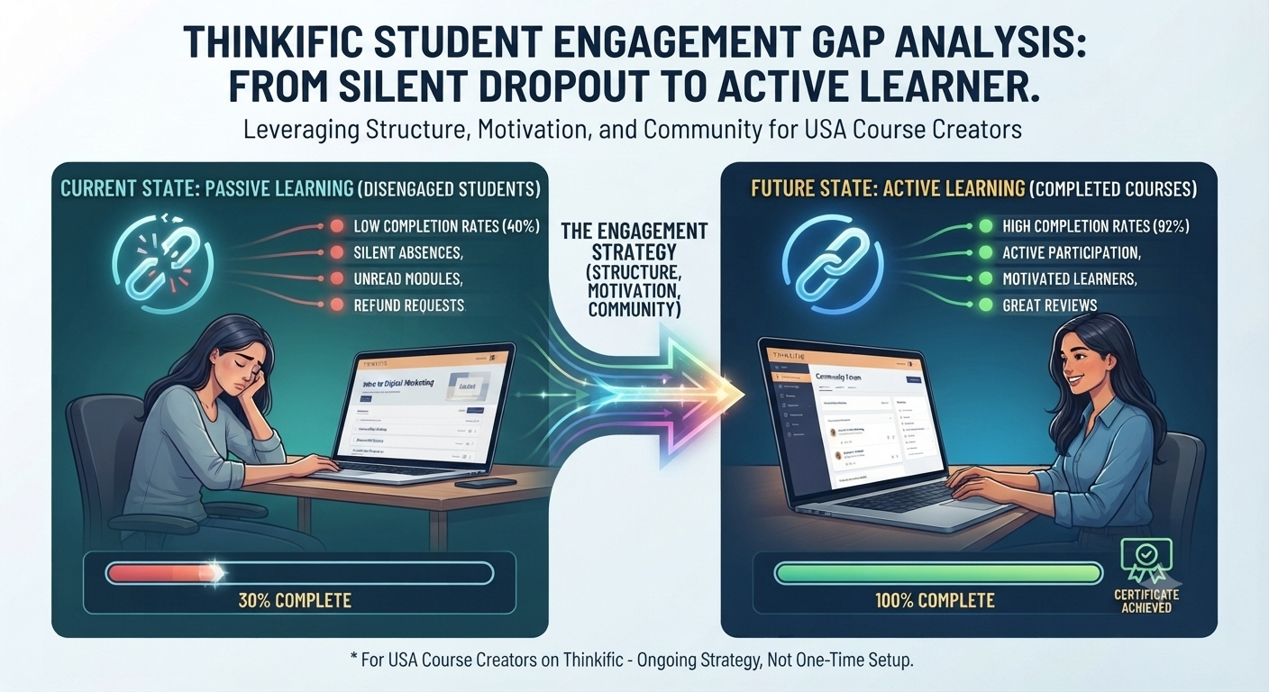 Infographic comparing passive disengaged learning vs. active completed learning for Thinkific student engagement gap analysis.