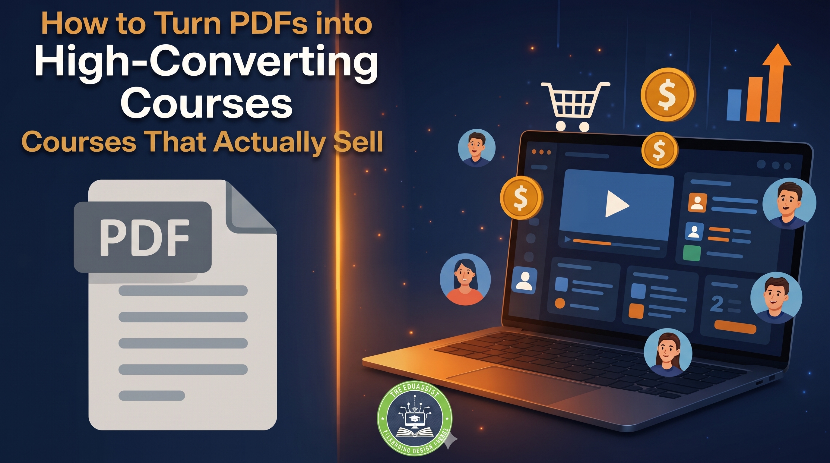 Graphic illustration showing a step-by-step process on how to turn PDFs into courses using a laptop and digital icons.
