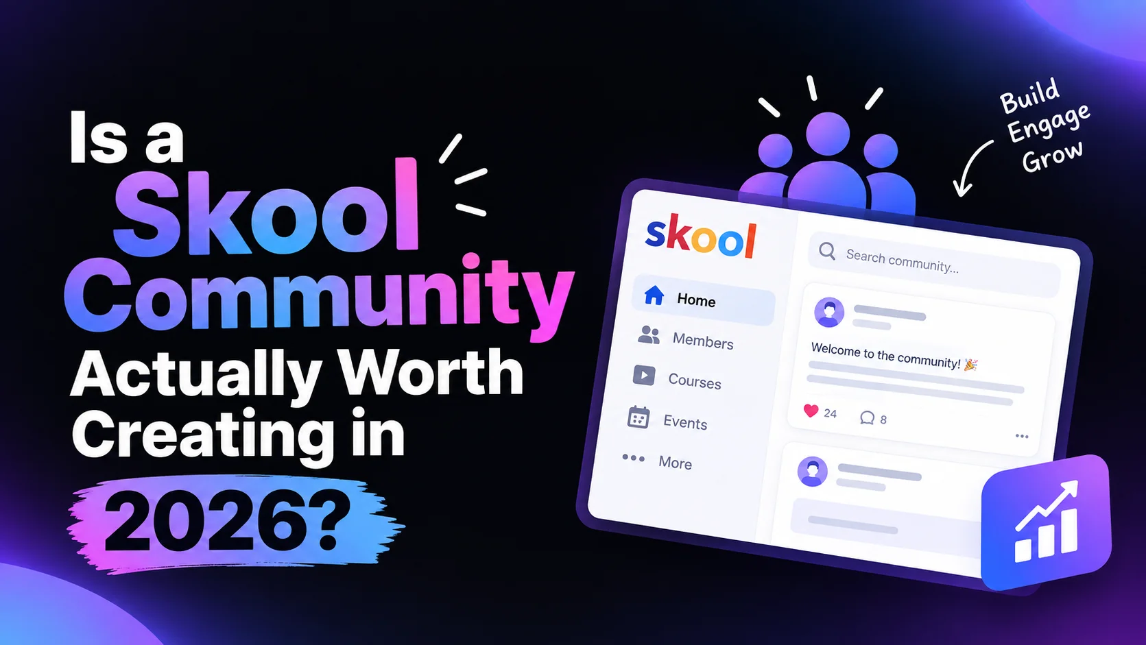 Skool community platform with courses, gamification, calendar, and online community features
