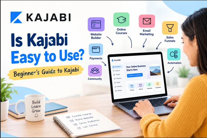 Kajabi beginner guide showing online courses, website builder, email marketing, and sales funnels