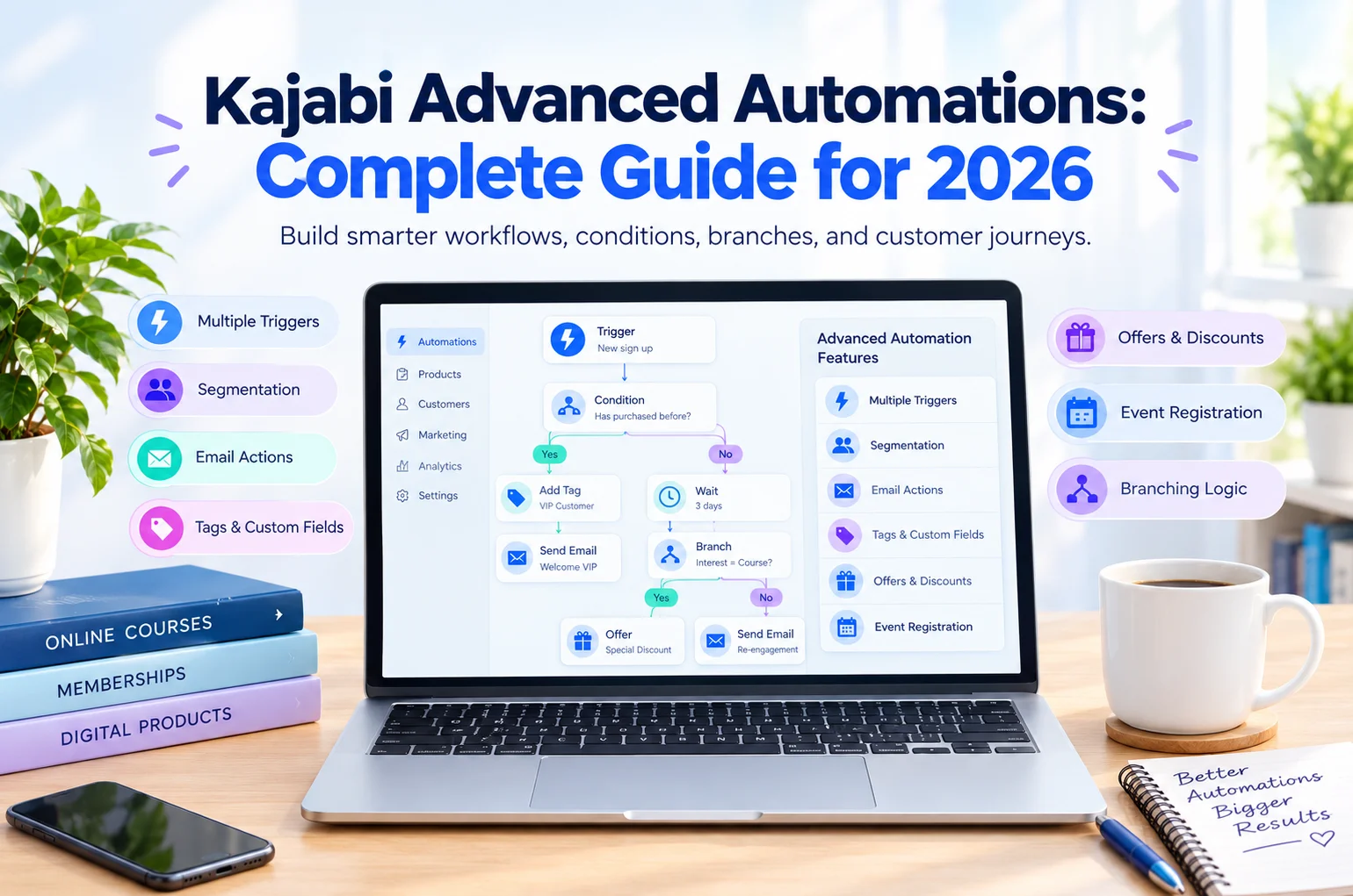 Kajabi Advanced Automations A complete 2026 guide to building smarter workflows with triggers, conditions, email actions, segmentation, and branching logic.