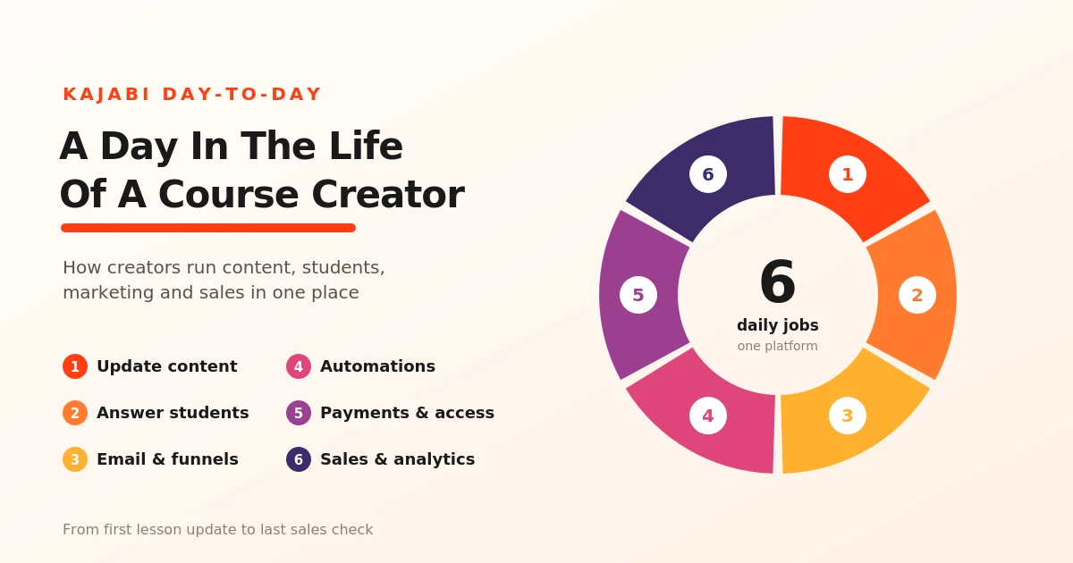 Ring chart titled ‘A Day in the Life of a Course Creator’ showing six daily Kajabi tasks: updating content, answering students, email and funnels, automations, payments and access, and sales and analytics