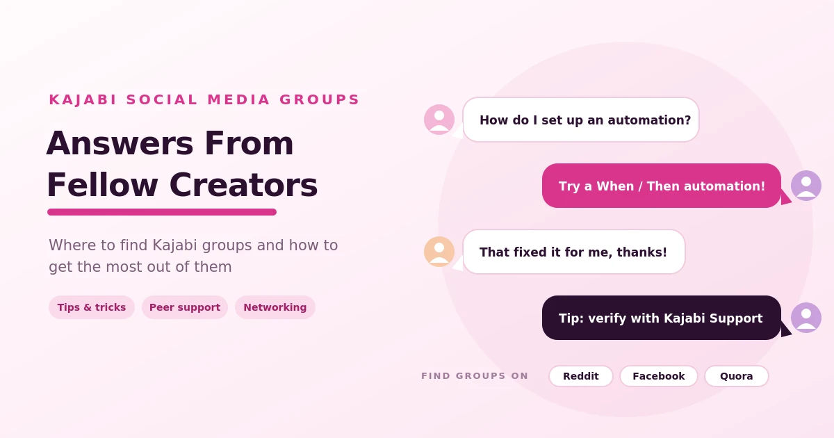 Group chat illustration showing Kajabi creators in a social media group asking a question, getting a reply and a thank-you, and a tip to verify advice with Kajabi Support, with Reddit, Facebook, and Quora listed as places to find groups