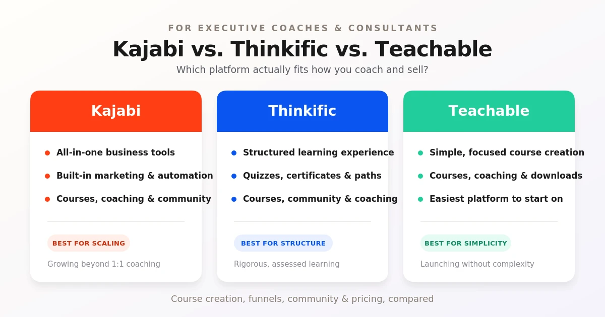 "Comparison graphic of Kajabi, Thinkific, and Teachable showing each platform's best-fit strength for executive coaches and consultants .Kajabi for scaling, Thinkific for structured learning, Teachable for simplicity."
