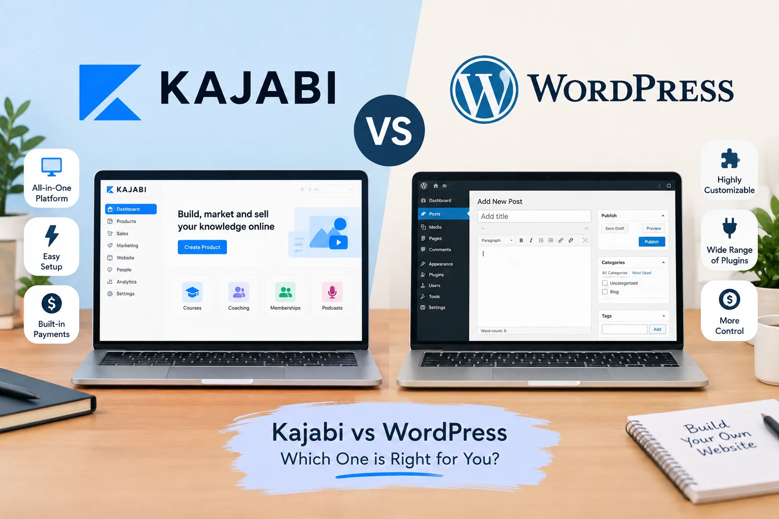 Kajabi vs WordPress comparison showing key features, customization, ease of setup, payments, and website control.