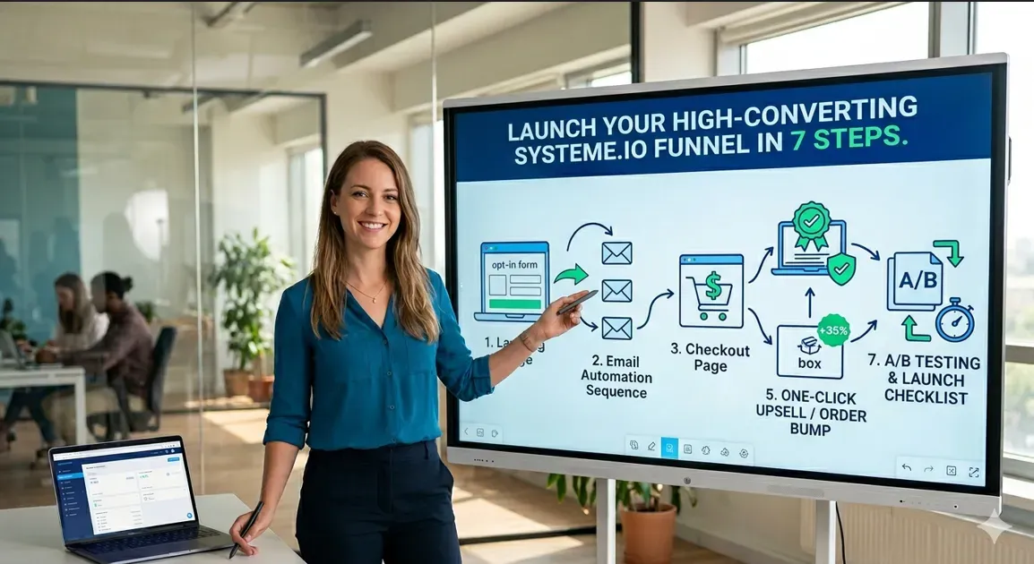 Systeme.io 7-step funnel launch infographic.