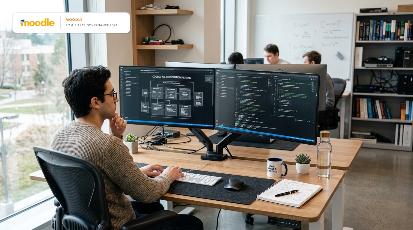 Moodle 5.2 and 5.3 LTS architectural roadmap showing centralized AI controls, course management, and open source governance