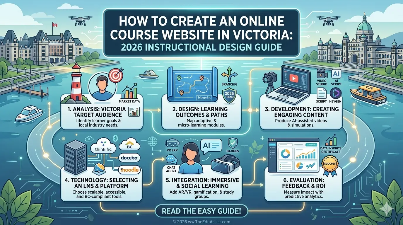 An illustrated 6-step instructional design infographic titled "HOW TO CREATE AN ONLINE COURSE WEBSITE IN VICTORIA: 2026 Instructional Design Guide" mapping out analysis, design, development, technology selection, integration, and evaluation.