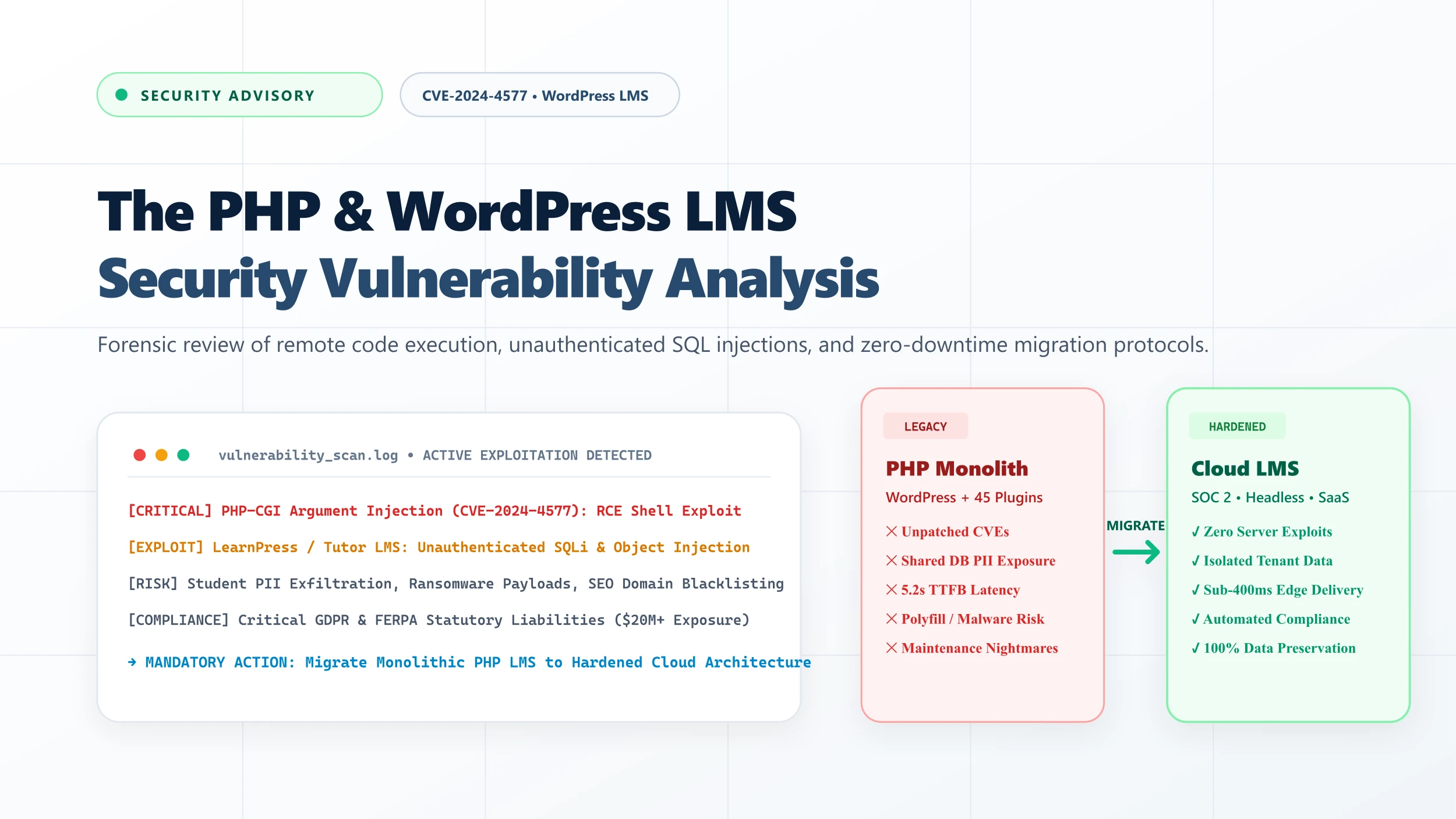 PHP vulnerabilities and WordPress LMS cybersecurity risk architectural comparison