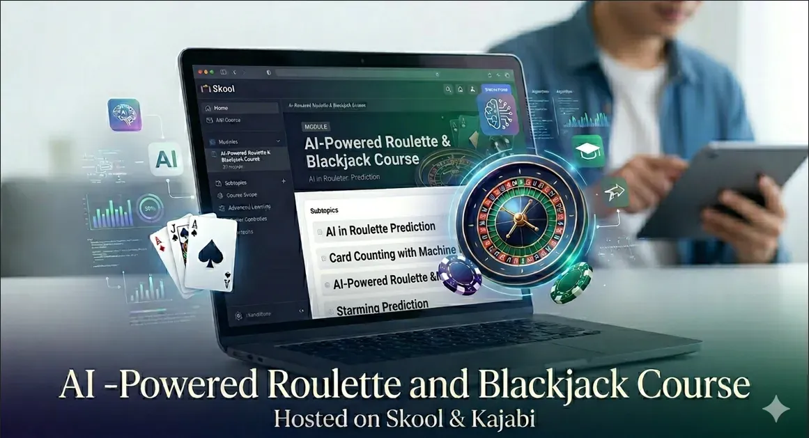 A laptop showing the **AI-Powered Roulette & Blackjack Course** dashboard with floating casino and AI analytics graphics.