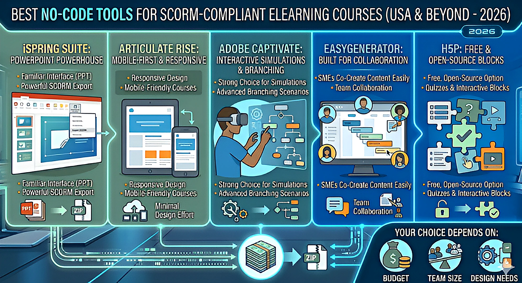 "Infographic comparing the best no-code tools for SCORM-compliant eLearning courses in 2026 — iSpring Suite, Articulate Rise, Adobe Captivate, Easygenerator, and H5P, with choice factors of budget, team size, and design needs.